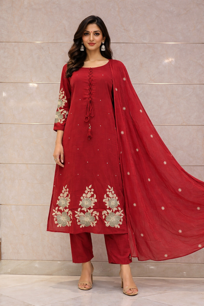 A1763 Mul Cotton Embroidered Suit(Maroon Red)