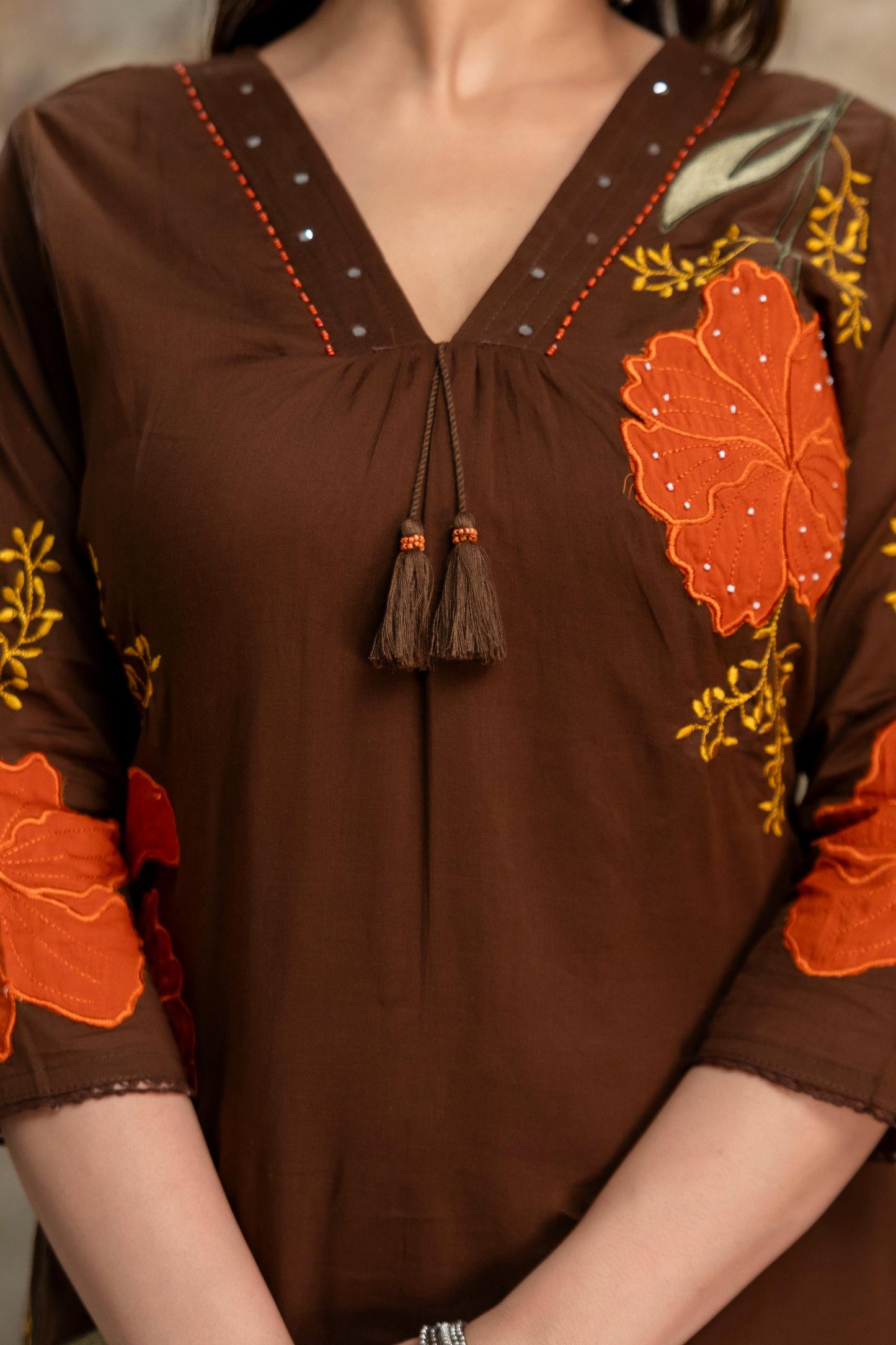 A1815 Pure Mul Cotton Appliqué Suit Set (COFFEE BROWN)
