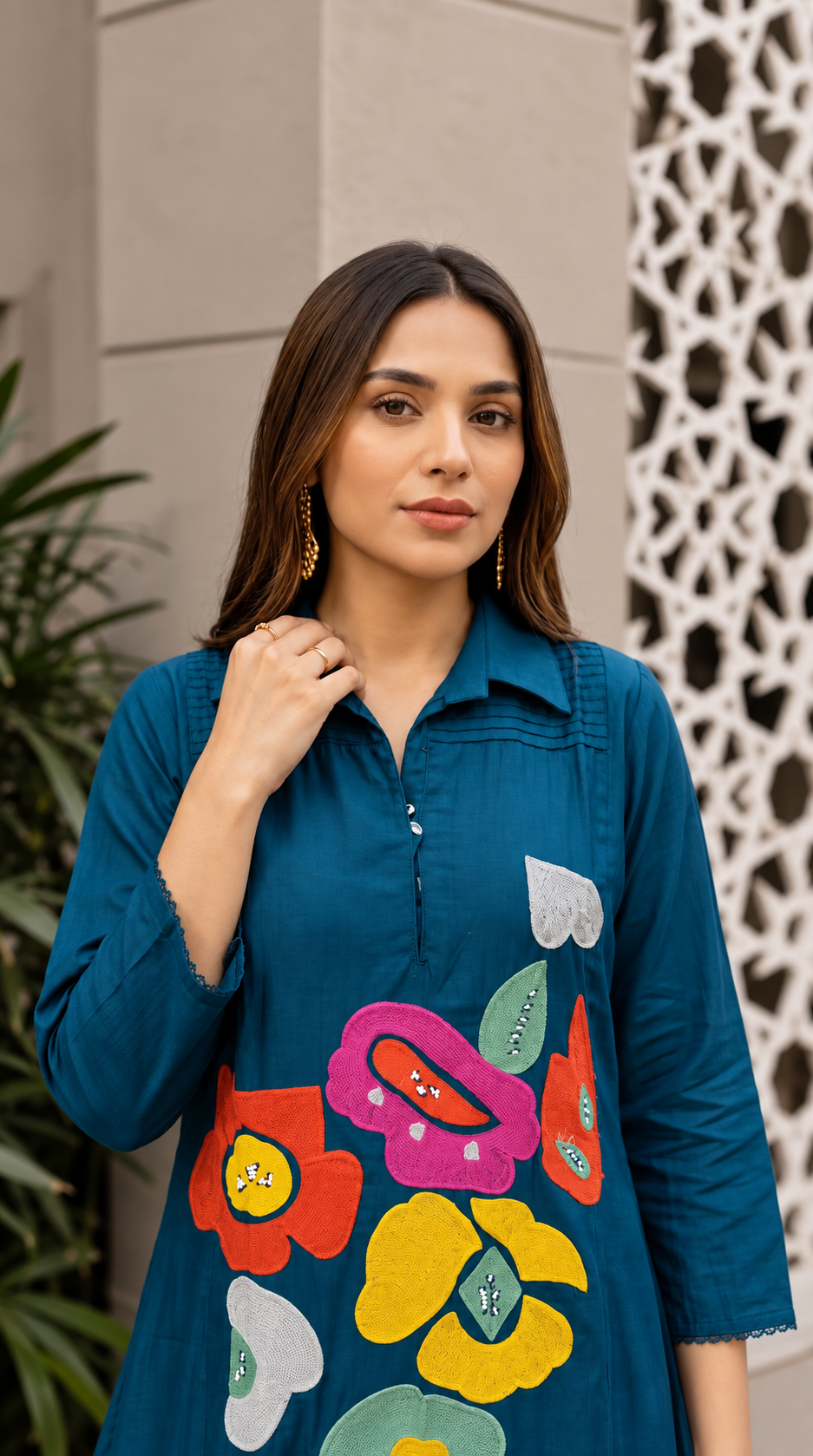 B2056 Mul Chanderi Co-ord Set(TEAL)