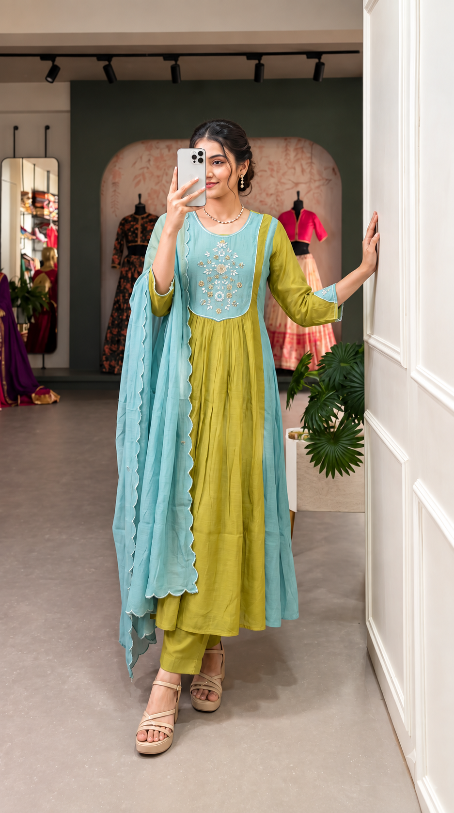 B2058 Mustard Aqua Mul Chanderi A-Line Suit Set