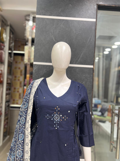 A1783 Pure Cotton Angarkha Suit Set with Mirror Work & Kalamkari Dupatta(NAVY BLUE)