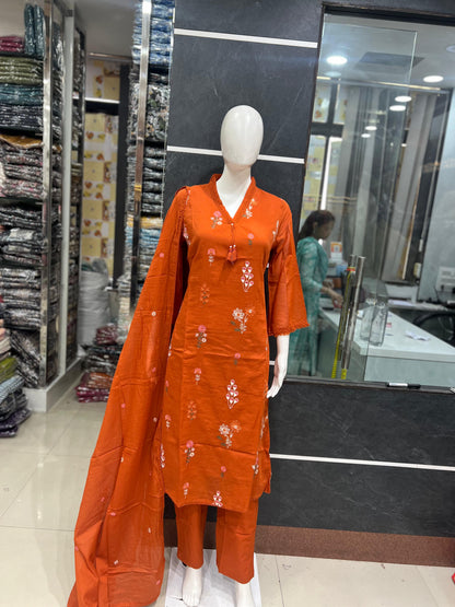 A1798 Floral 3D Embroidered Mul Cotton Suit (RUST)