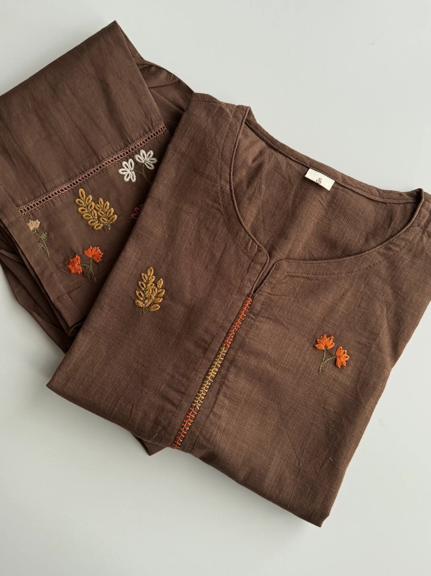 A1770 Pure Cotton Hand Embroidered Suit(COFFEE BROWN)