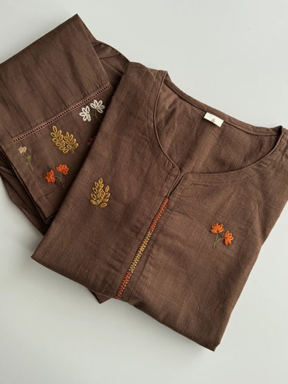 A1770 Pure Cotton Hand Embroidered Suit(COFFEE BROWN)