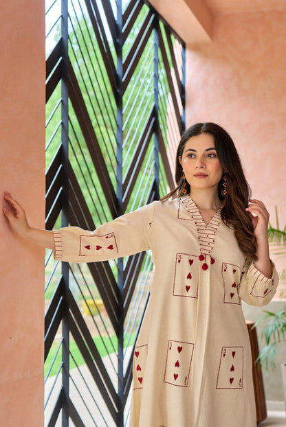 A1722 Soft Khadi Cotton Two-Piece Set with Card Print Kurta & Striped Pants