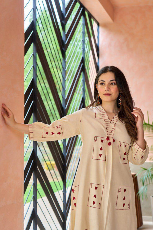 A1722 Soft Khadi Cotton Two-Piece Set with Card Print Kurta & Striped Pants