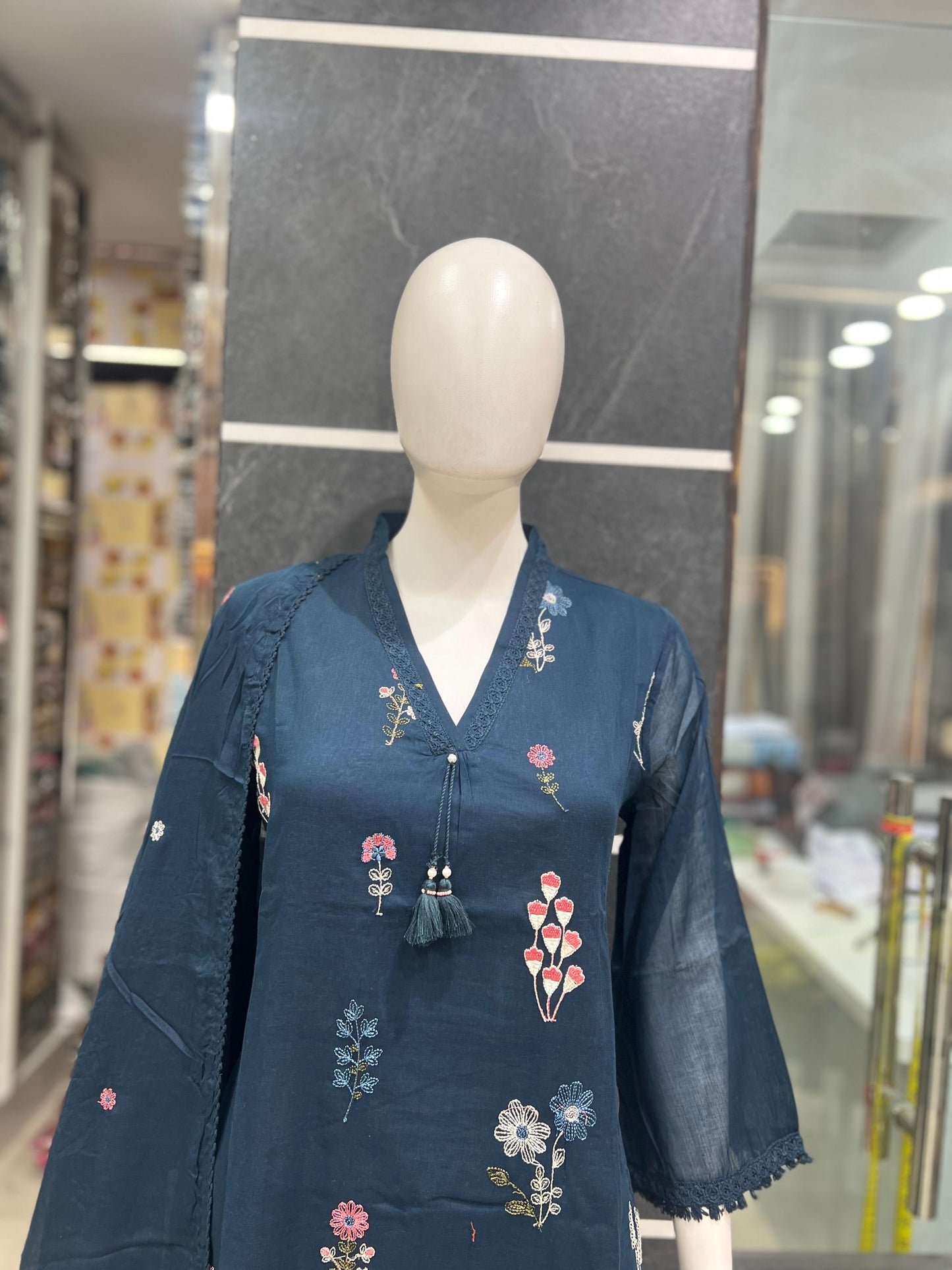A1797 Floral 3D Embroidered Mul Cotton Suit (NAVY BLUE)