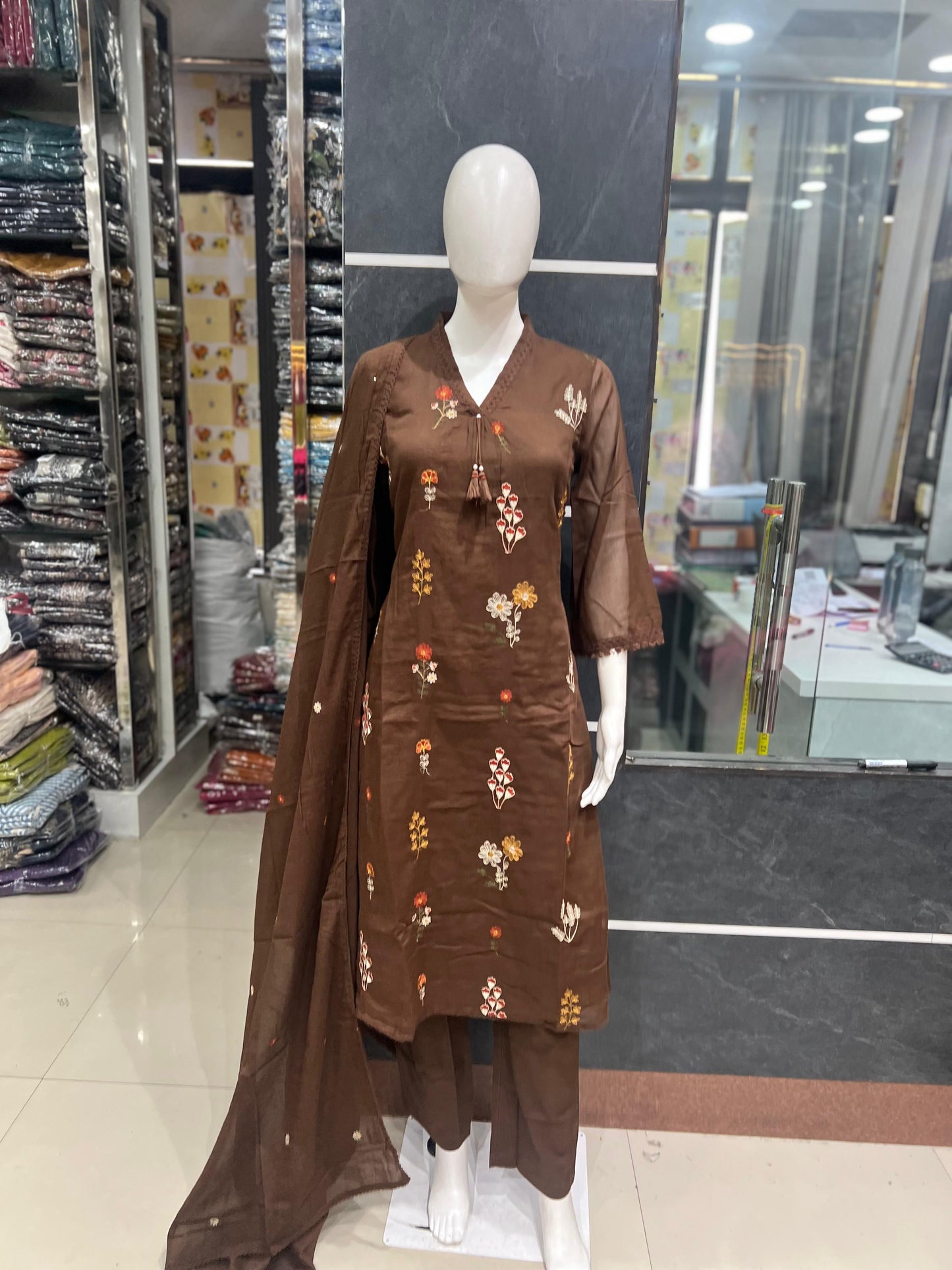 A1799 Floral 3D Embroidered Mul Cotton Suit (COFFEE BROWN)