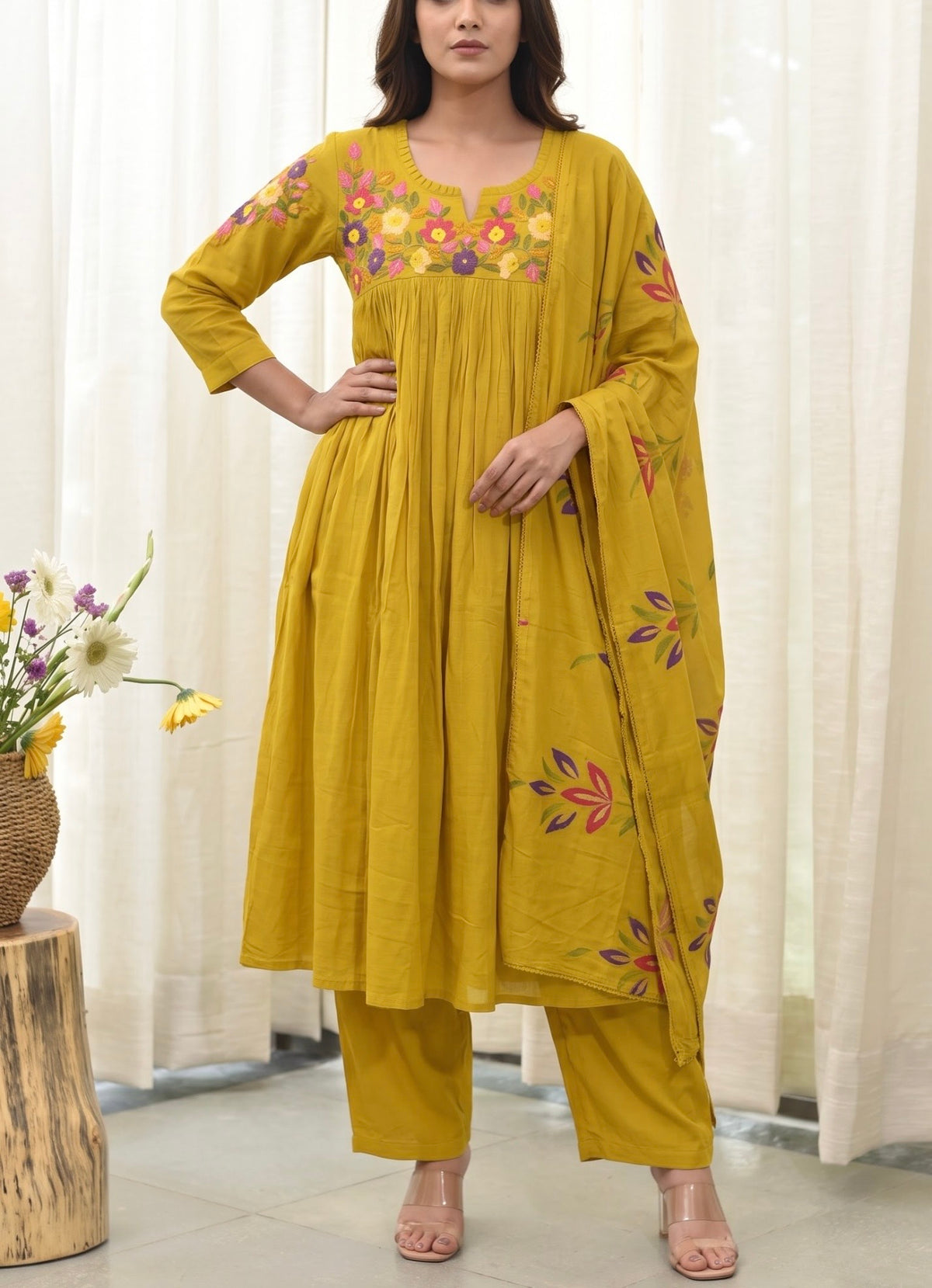B2050 Mustard Hand-Painted Mul Chanderi Suit