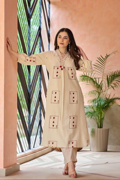A1722 Soft Khadi Cotton Two-Piece Set with Card Print Kurta & Striped Pants