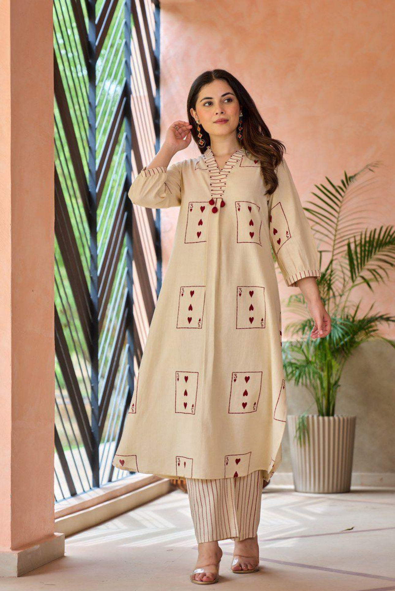 A1722 Soft Khadi Cotton Two-Piece Set with Card Print Kurta & Striped Pants