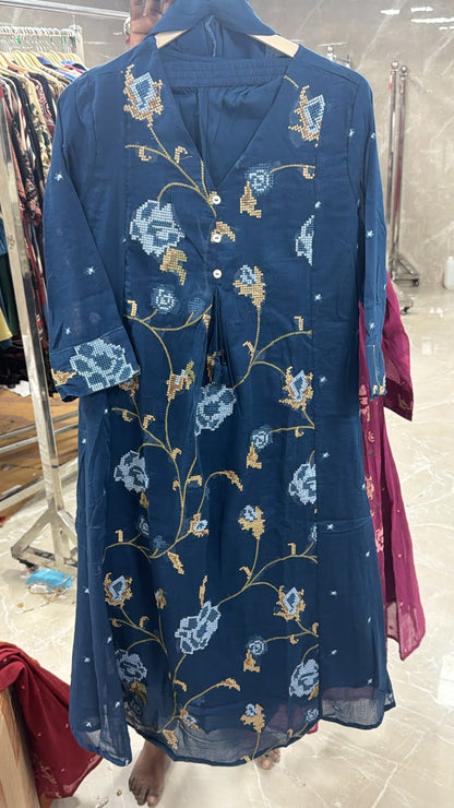 A1844 Panel Embroidered Mulmul Cotton Suit (NAVY BLUE)