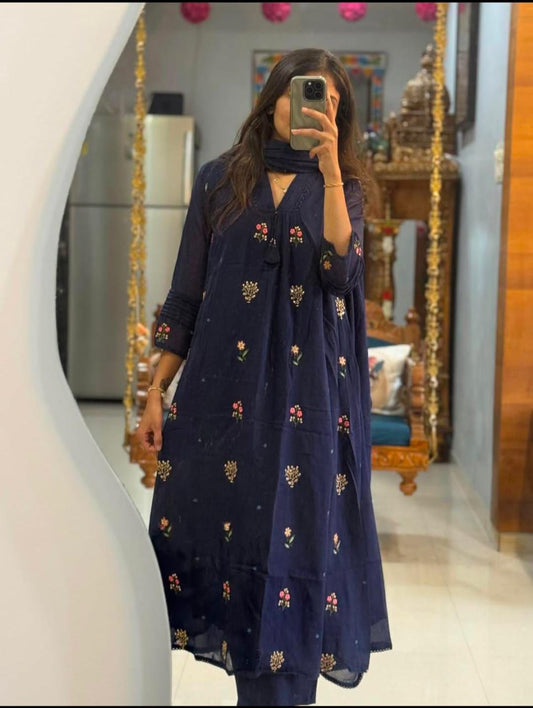 A1733 Mul Cotton Embroidered Three Piece Suit