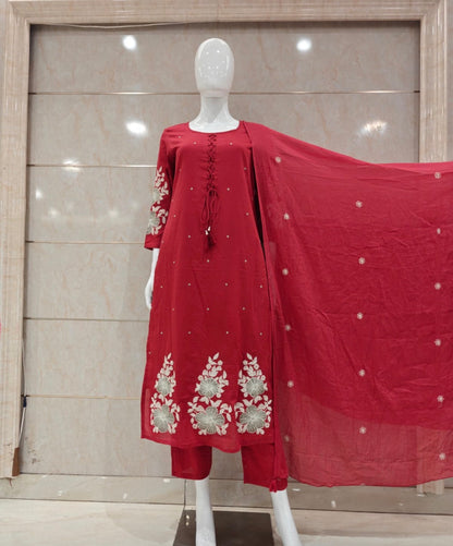 A1763 Mul Cotton Embroidered Suit(Maroon Red)