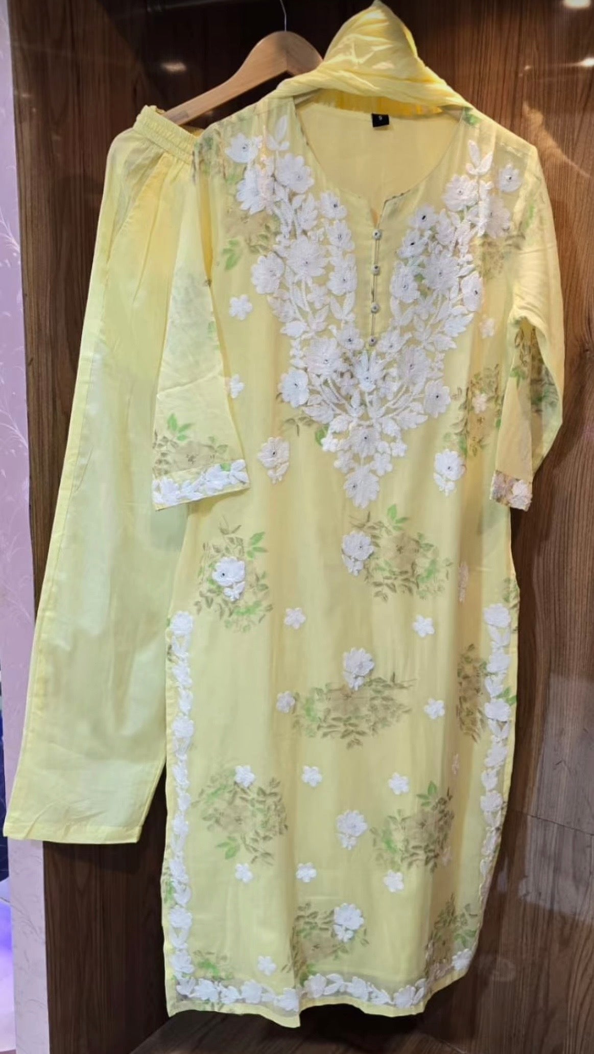 A1823 Noor Lucknowi Chikankari Mulmul Cotton Suit Set(LEMON YELLOW)