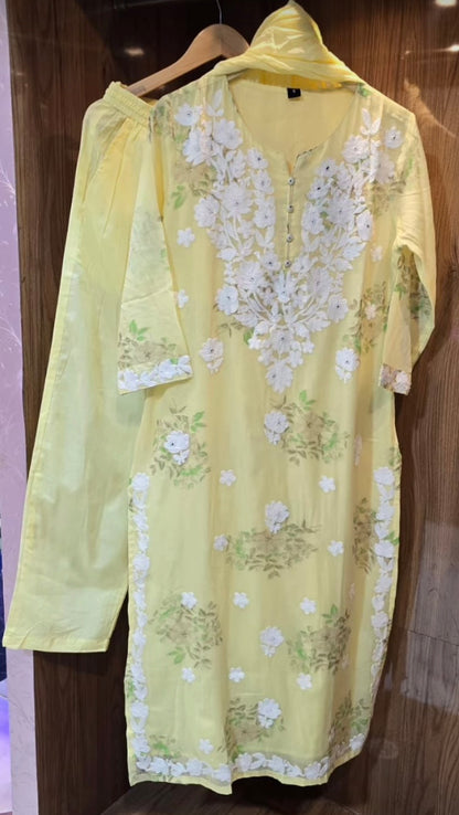 A1823 Noor Lucknowi Chikankari Mulmul Cotton Suit Set(LEMON YELLOW)