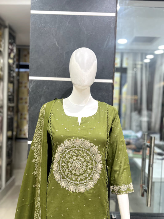 A1725 Mul Cotton Designer Suit (Mehandi Green)