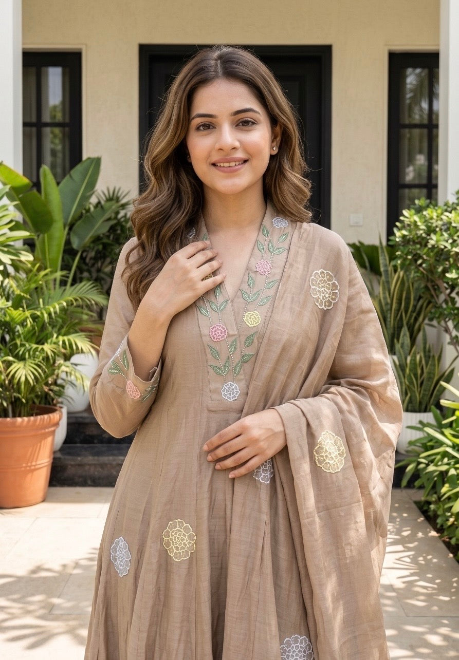 B2046 Embroidered Mul Chanderi Suit Set