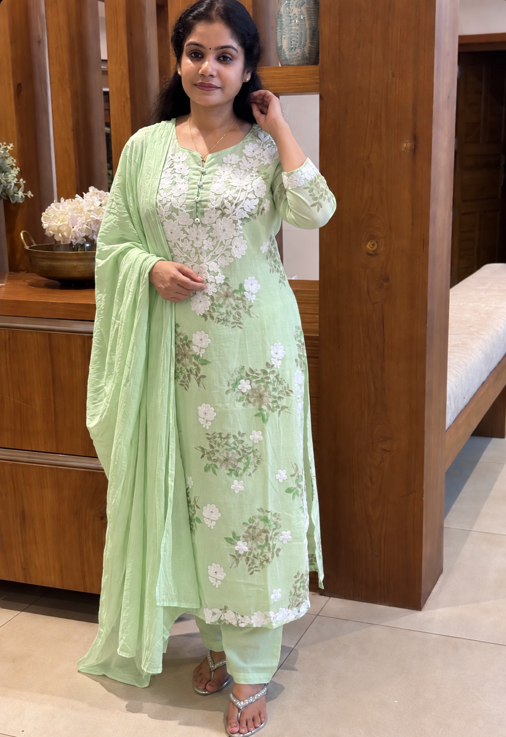 A1836 Noor Lucknowi Chikankari Mulmul Cotton Suit Set(Pastel Pistachio Green)