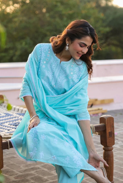 A1803 Lakhnavi Chikankari Suit (AQUA)