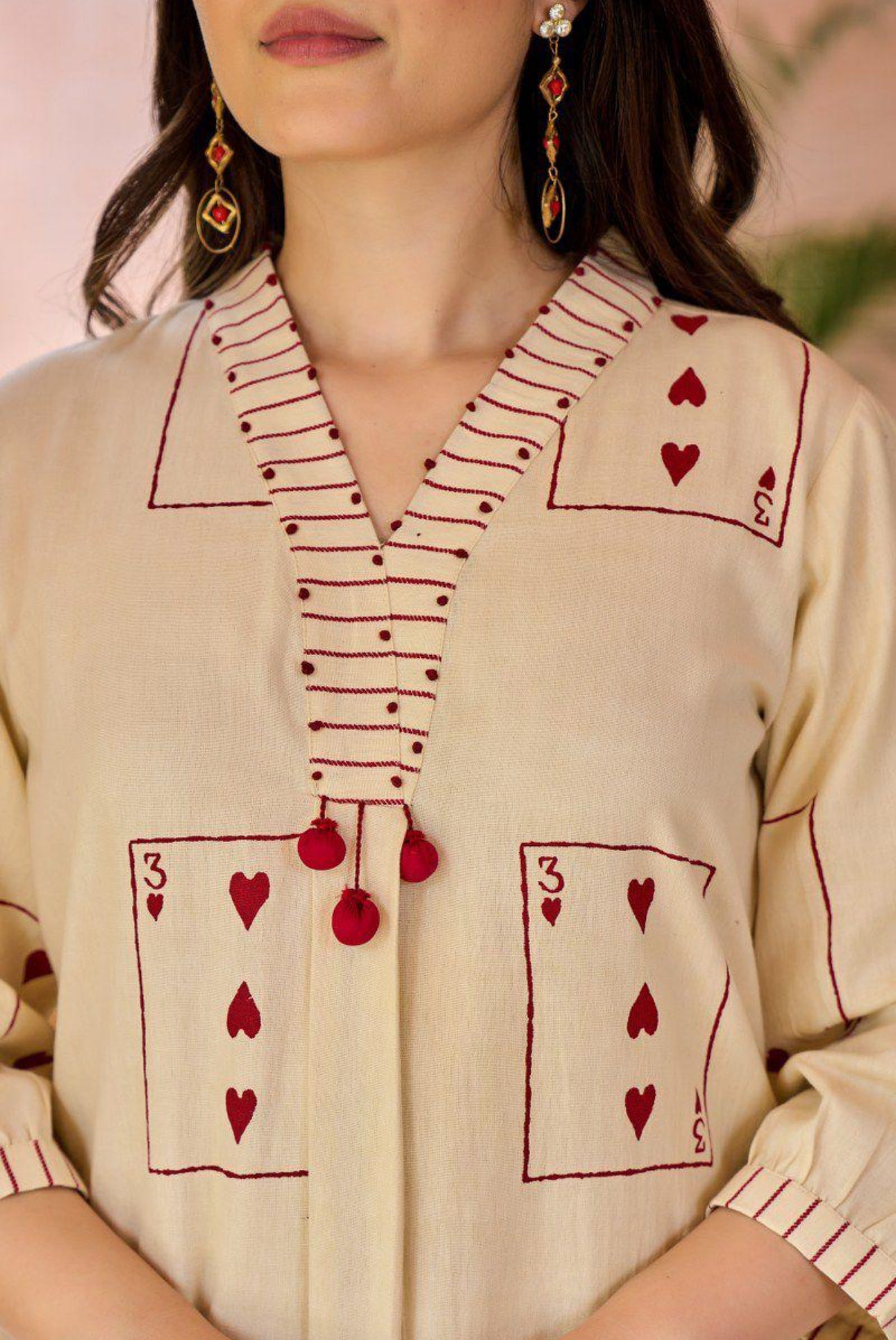 A1722 Soft Khadi Cotton Two-Piece Set with Card Print Kurta & Striped Pants