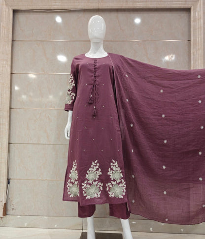 A1764 Mul Cotton Embroidered Suit(Mauve)