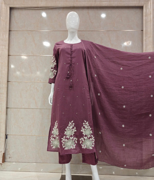 A1764 Mul Cotton Embroidered Suit(Mauve)