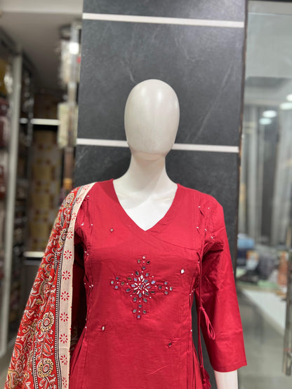 A1784 Pure Cotton Angarkha Suit Set with Mirror Work & Kalamkari Dupatta(MAROON RED)