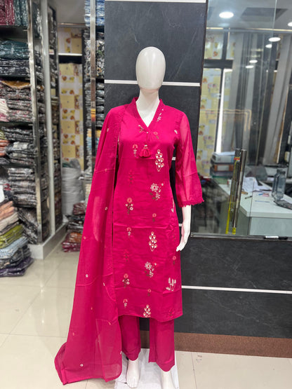 A1796 Floral 3D Embroidered Mul Cotton Suit(PINK)