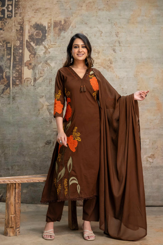 A1815 Pure Mul Cotton Appliqué Suit Set (COFFEE BROWN)
