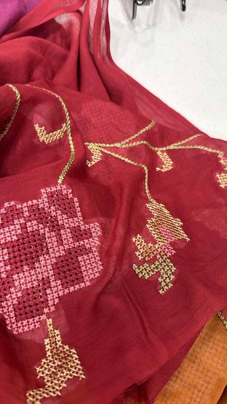 A1843 Panel Embroidered Mulmul Cotton Suit (MAROON RED)