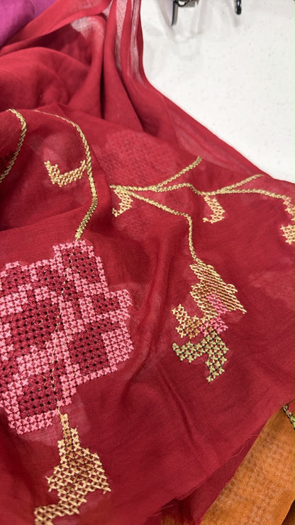 A1843 Panel Embroidered Mulmul Cotton Suit (MAROON RED)