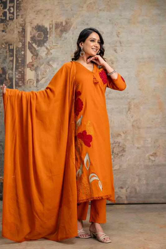 A1814 Pure Mul Cotton Appliqué Suit Set (RUST ORANGE)