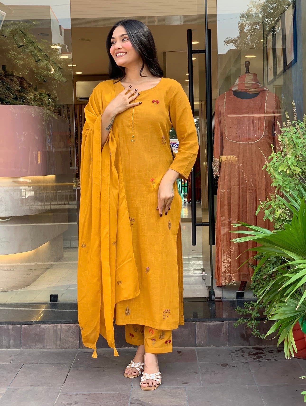 A1771 Pure Cotton Hand Embroidered Suit(MUSTARD YELLOW)