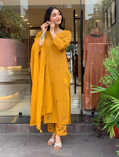A1771 Pure Cotton Hand Embroidered Suit(MUSTARD YELLOW)