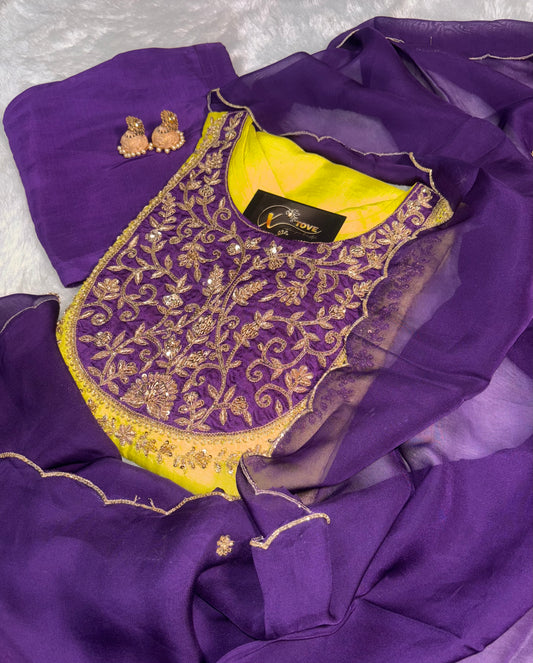 B1992  Neon & Purple Combination Zardozi Handwork Suit