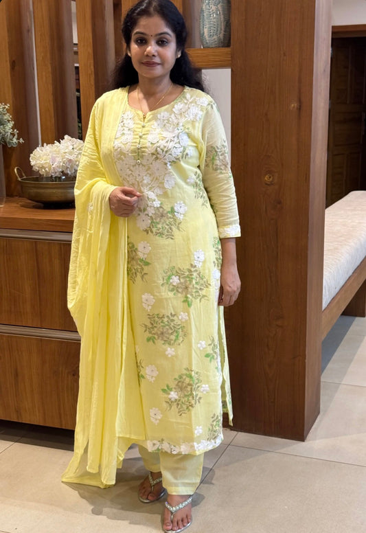 A1823 Noor Lucknowi Chikankari Mulmul Cotton Suit Set(LEMON YELLOW)