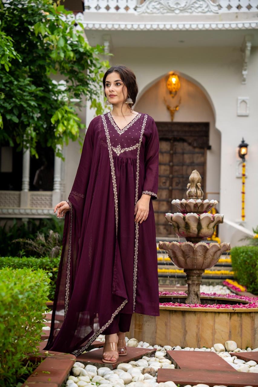 Pure Chinon Suit with Beautiful Zari Embroidery on Kurta & Elegant Dupatta with Border of Zari Embroidery