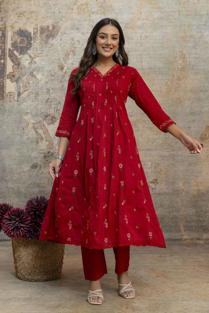A1767 Embroidered Mul Cotton Suit(MAROON RED)