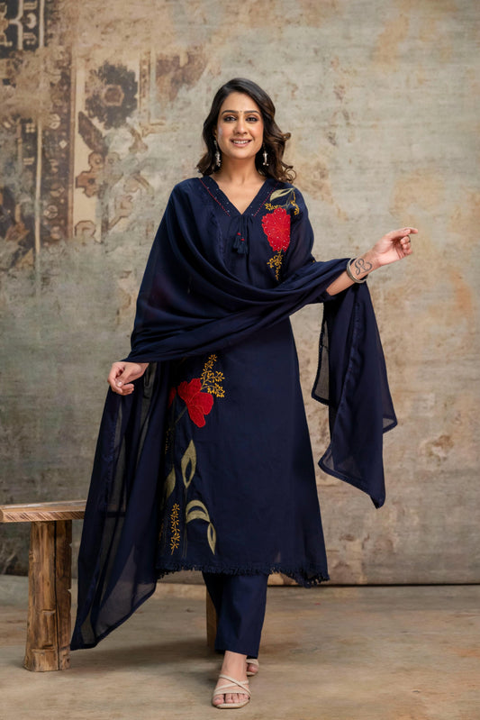A1813 Pure Mul Cotton Appliqué Suit Set (NAVY BLUE)