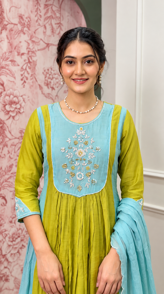 B2058 Mustard Aqua Mul Chanderi A-Line Suit Set