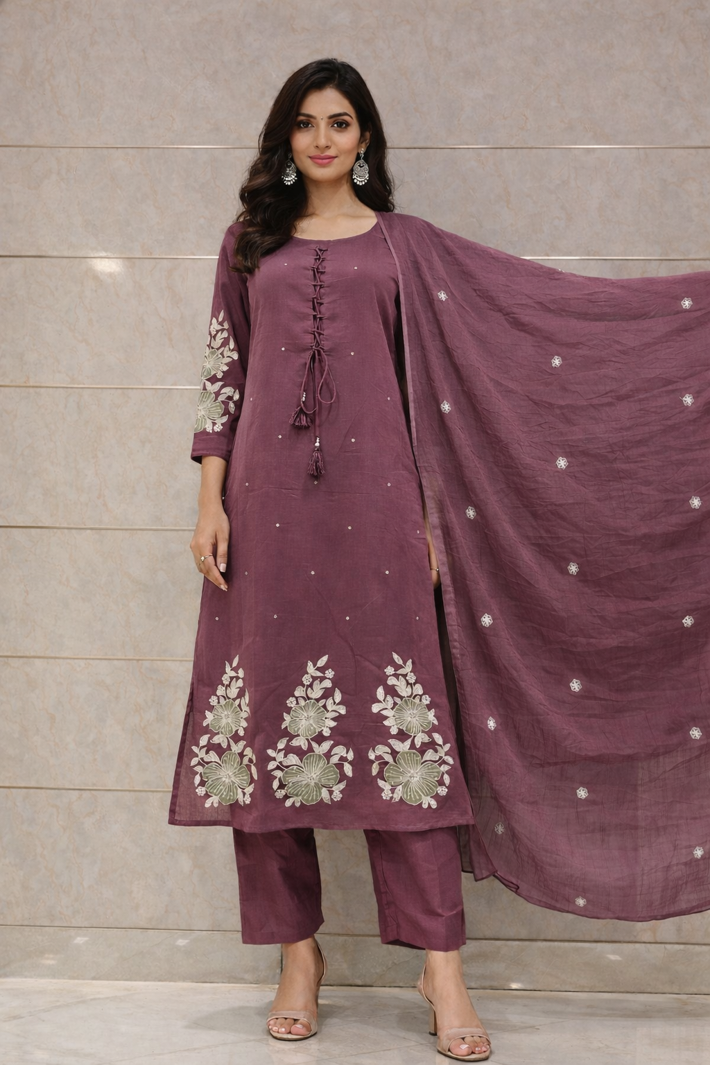 A1764 Mul Cotton Embroidered Suit(Mauve)