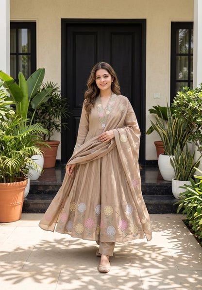 B2046 Embroidered Mul Chanderi Suit Set