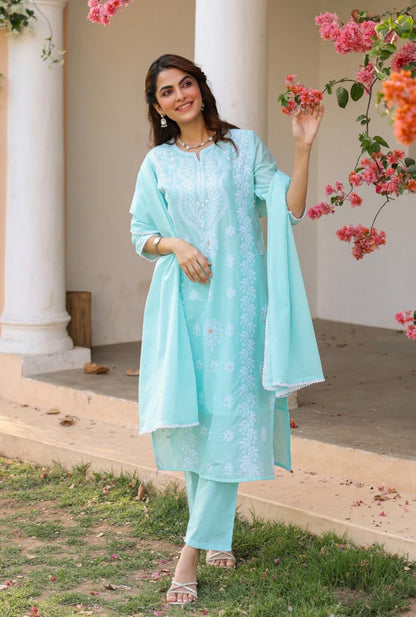 A1803 Lakhnavi Chikankari Suit (AQUA)
