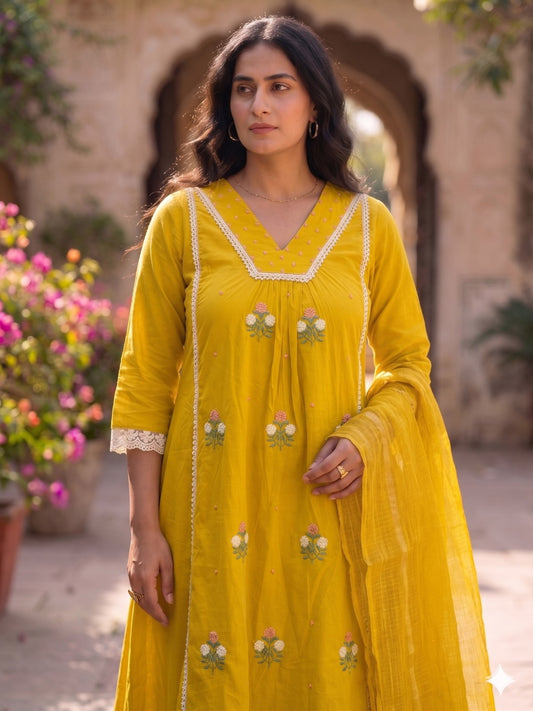 A1833 Mogra Mustard Mul Cotton Suit Set