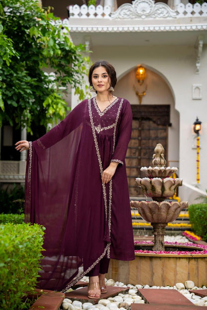 Pure Chinon Suit with Beautiful Zari Embroidery on Kurta & Elegant Dupatta with Border of Zari Embroidery