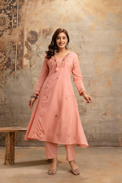 A1809 Peach Embroidered Suit Set – Soft Mul Cotton