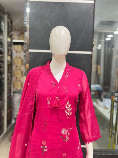 A1796 Floral 3D Embroidered Mul Cotton Suit(PINK)