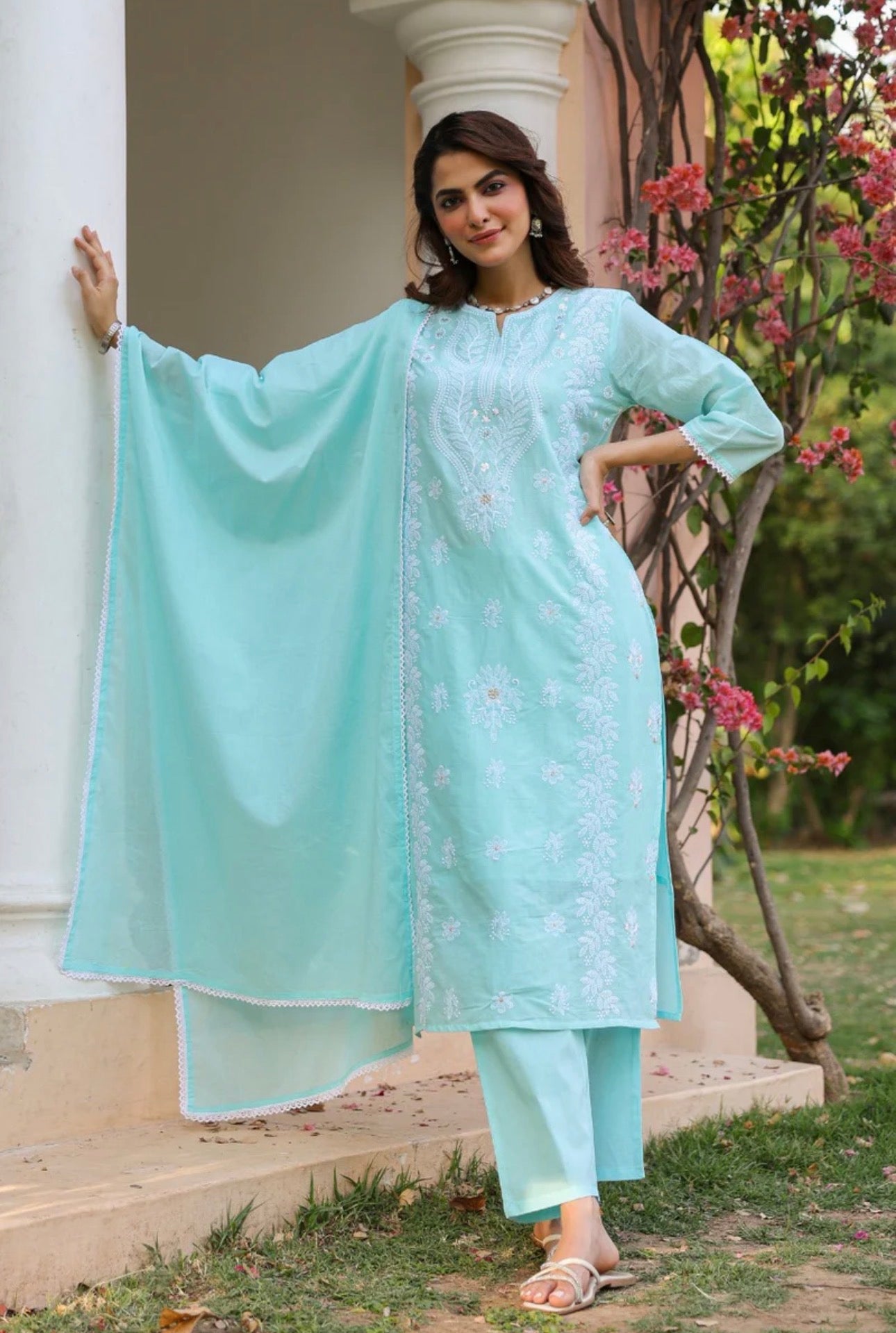 A1803 Lakhnavi Chikankari Suit (AQUA)
