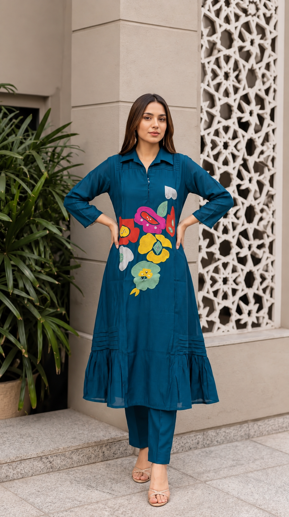 B2056 Mul Chanderi Co-ord Set(TEAL)